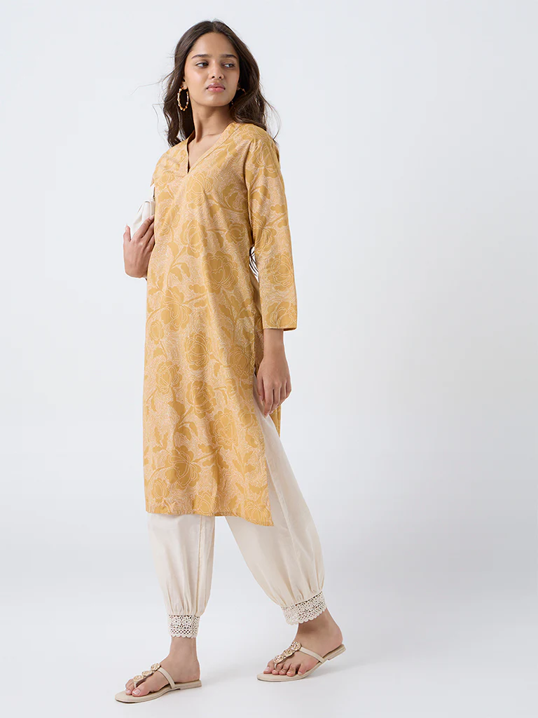 Utsa Mustard Floral Pattern Cotton Straight Kurta - Image 2