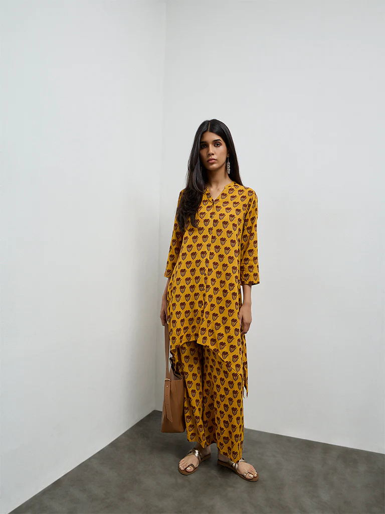 Utsa Mustard Floral Printed A-Line Kurta - Image 2