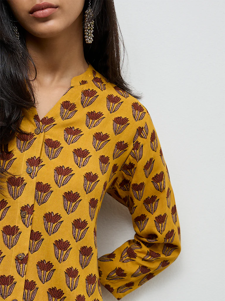Utsa Mustard Floral Printed A-Line Kurta - Image 3