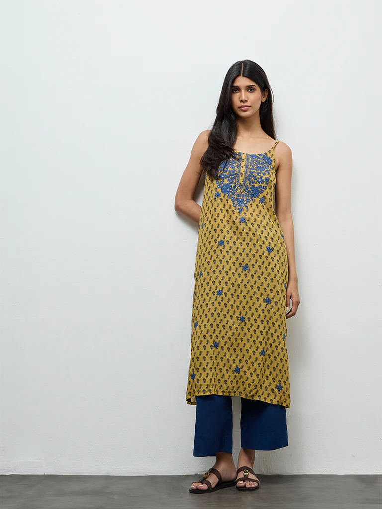 Utsa Mustard Floral Printed A-Line Kurta