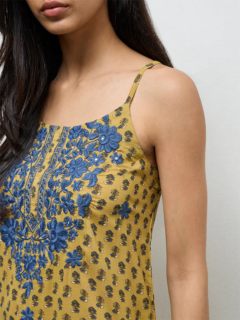 Utsa Mustard Floral Printed A-Line Kurta - Image 3