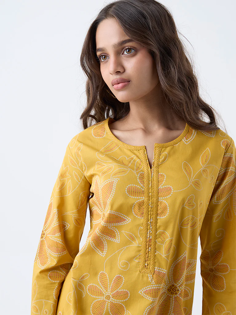 Utsa Mustard Floral Printed Cotton Straight Kurta - Image 3