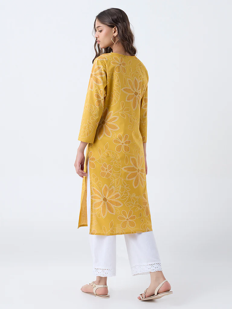 Utsa Mustard Floral Printed Cotton Straight Kurta - Image 4