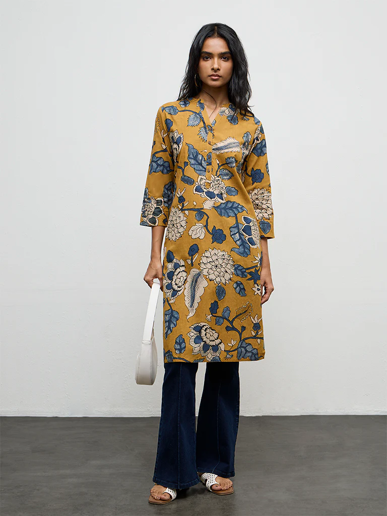 Utsa Mustard Floral Printed Cotton Straight Kurta