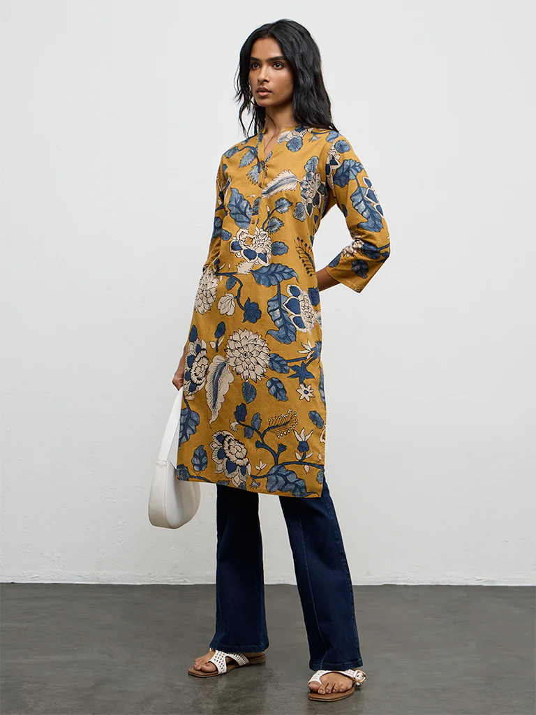 Utsa Mustard Floral Printed Cotton Straight Kurta - Image 2
