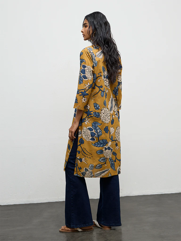 Utsa Mustard Floral Printed Cotton Straight Kurta - Image 4