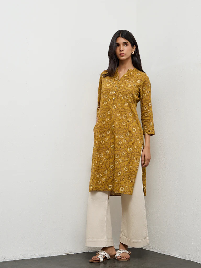 Utsa Mustard Floral Printed Cotton Straight Kurta - Image 2