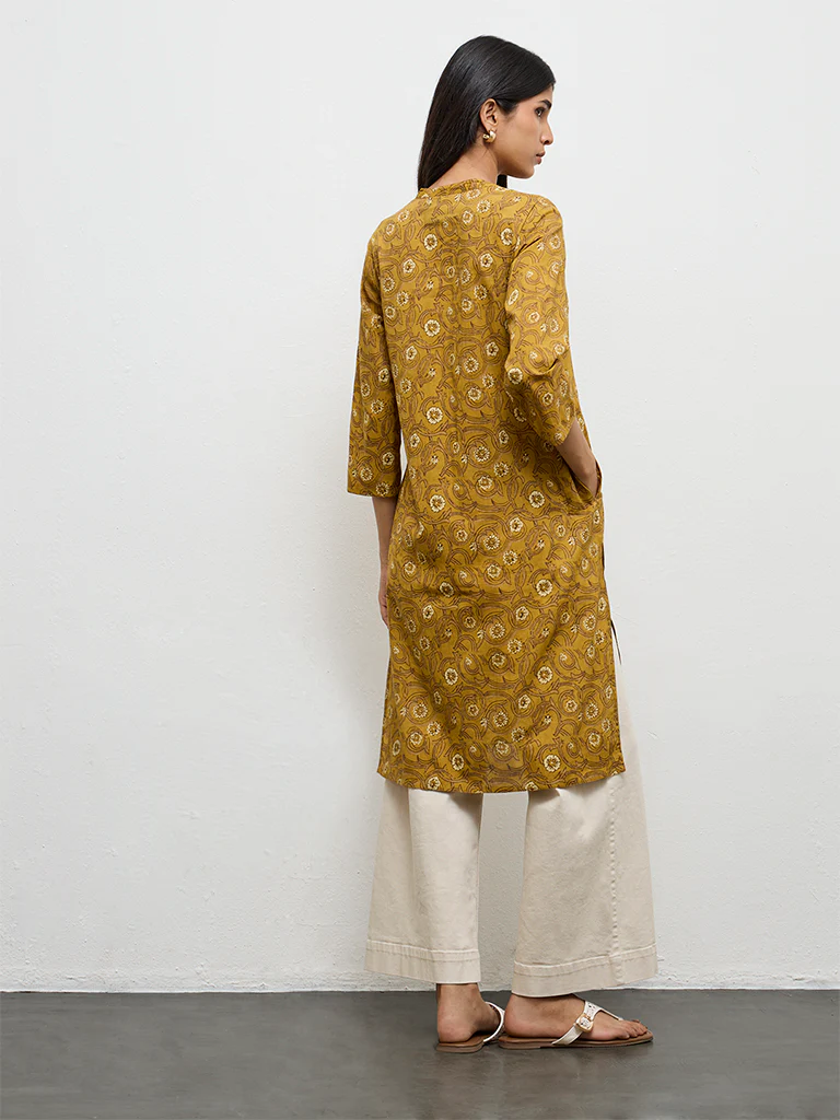 Utsa Mustard Floral Printed Cotton Straight Kurta - Image 4