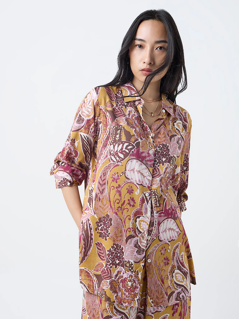Utsa Mustard Foliage Pattern Tunic - Image 2