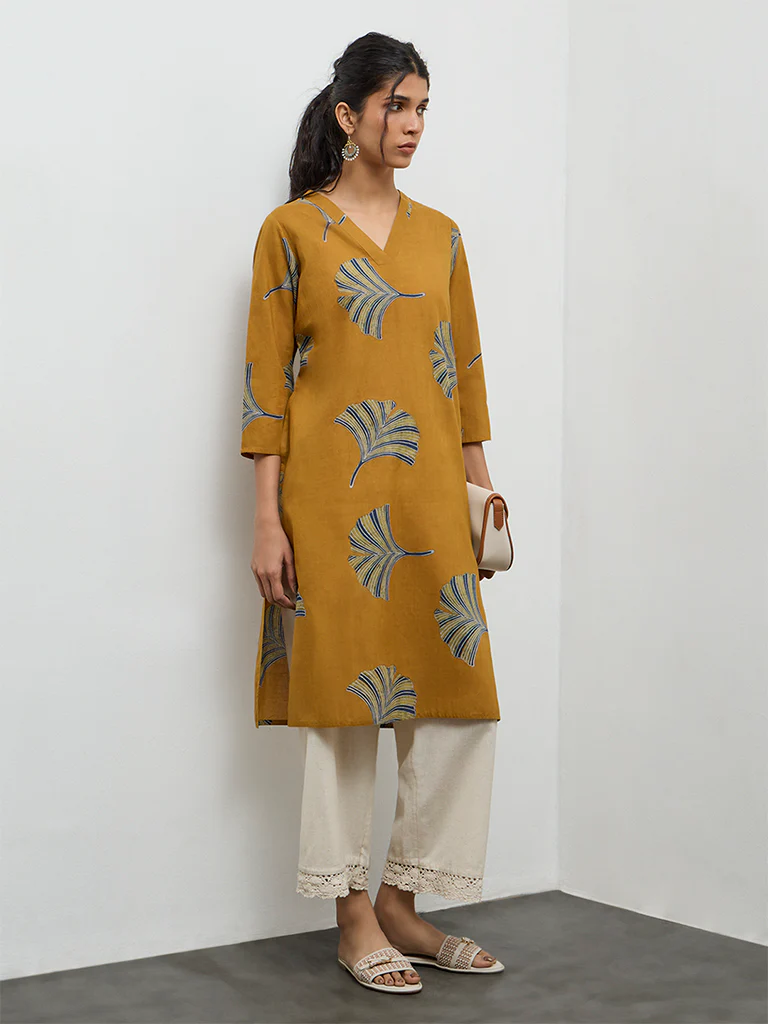 Utsa Mustard Foliage Printed Cotton Straight Kurta - Image 2