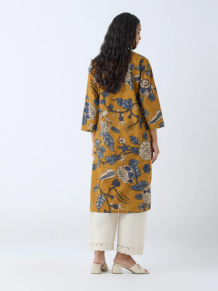 Utsa Mustard Foliage Printed Straight Kurta - Image 4