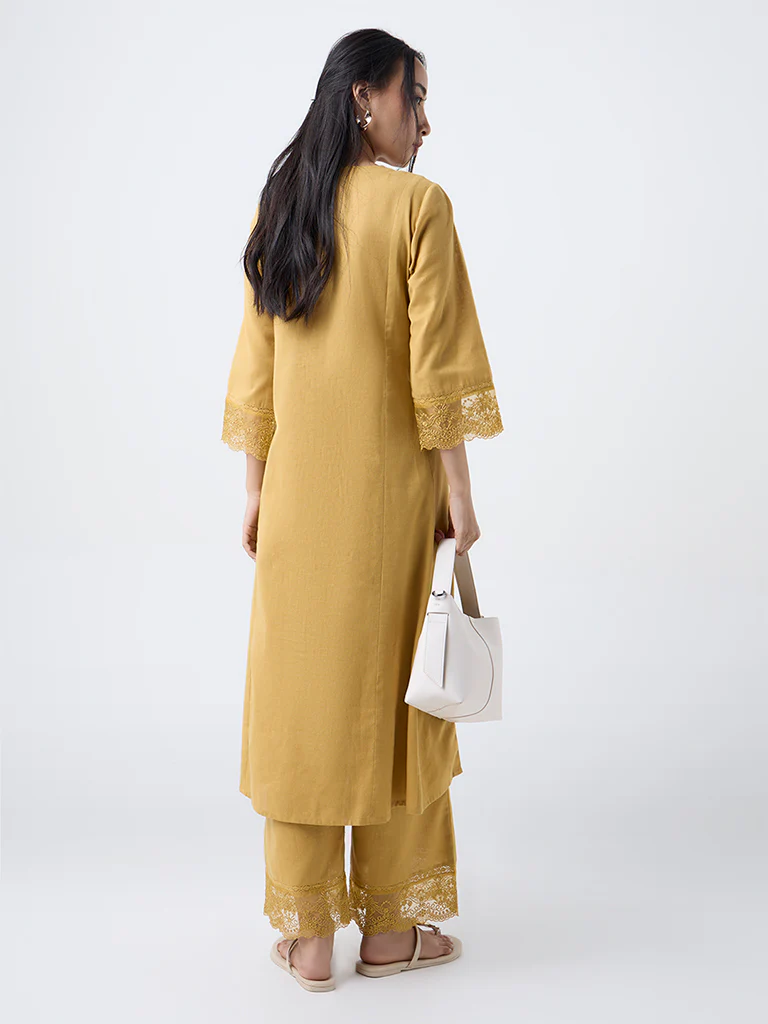 Utsa Mustard Lace-Detailed A-Line Cotton-Blend Kurta - Image 4