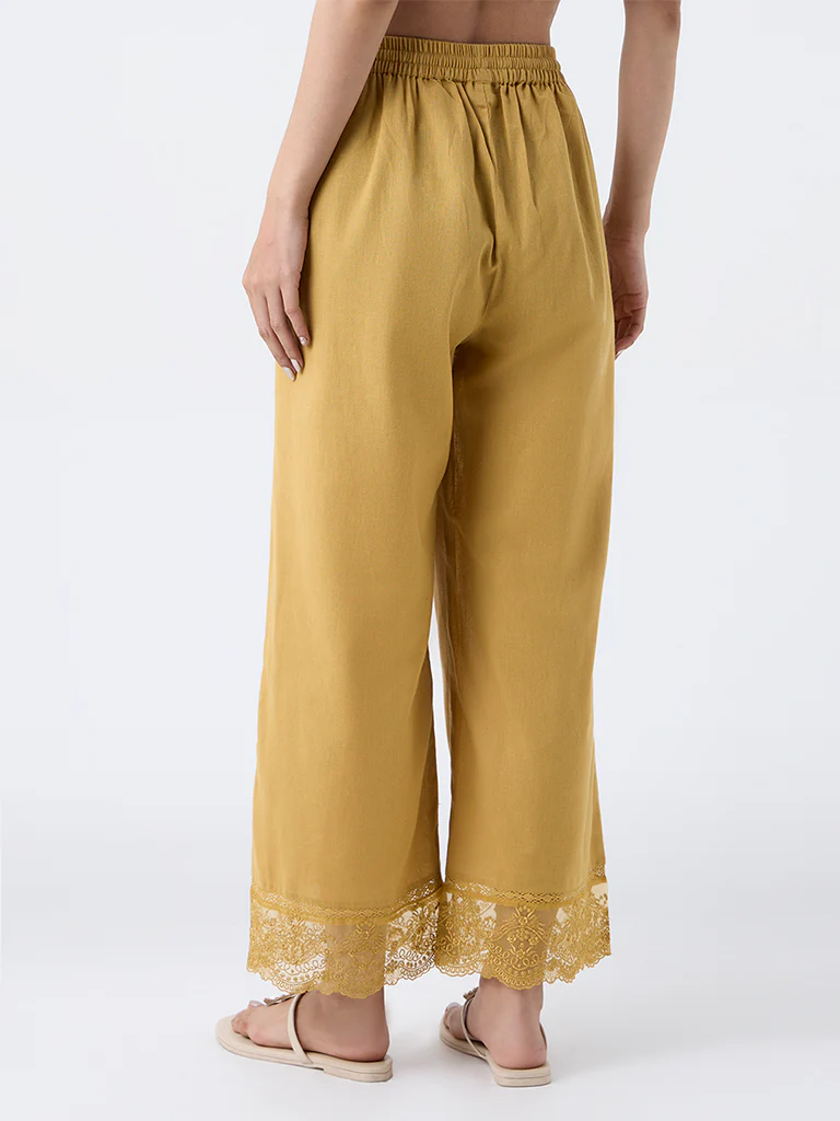 Utsa Mustard Lace-Detailed Cotton-Blend Ethnic Pants - Image 4