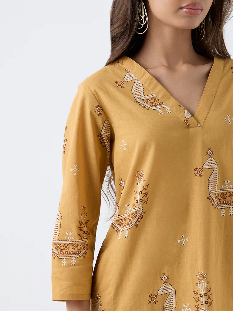 Utsa Mustard Printed Cotton Straight Kurta - Image 3