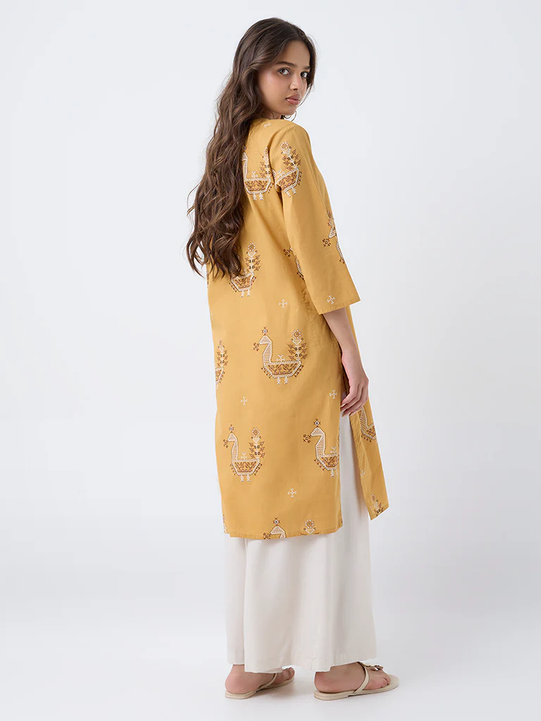 Utsa Mustard Printed Cotton Straight Kurta - Image 4