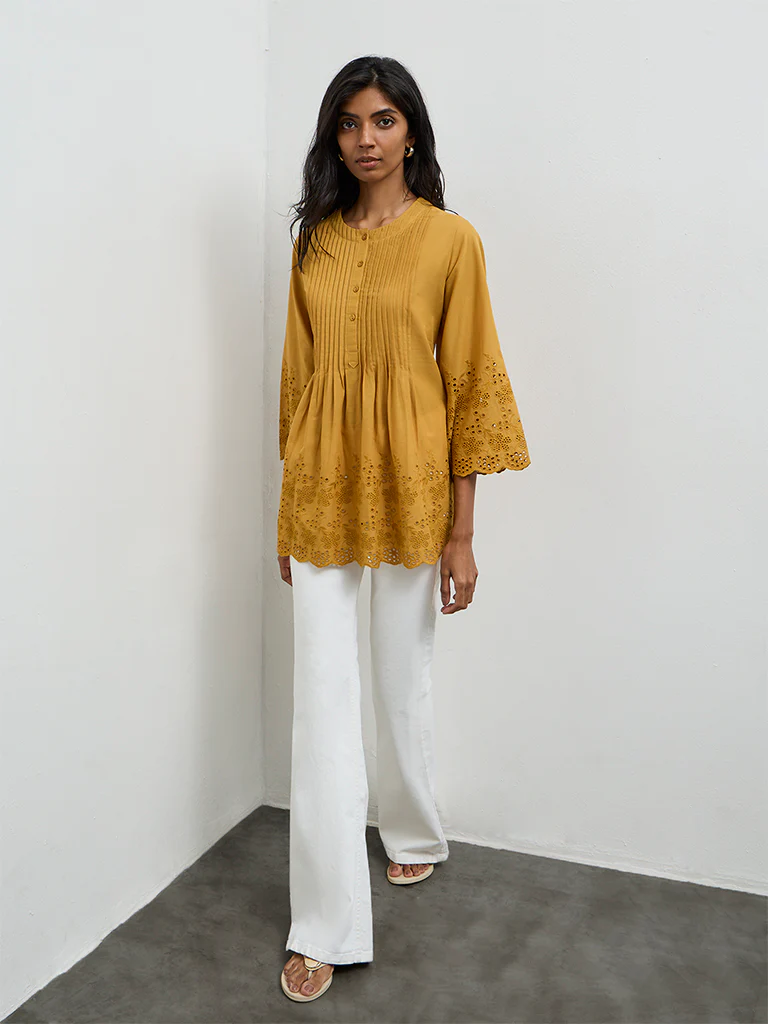 Utsa Mustard Schiffli Embroidered Cotton Tunic - Image 2