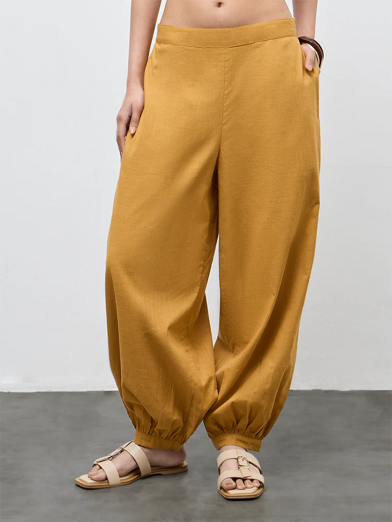 Utsa Mustard Solid Cotton Harem Pants