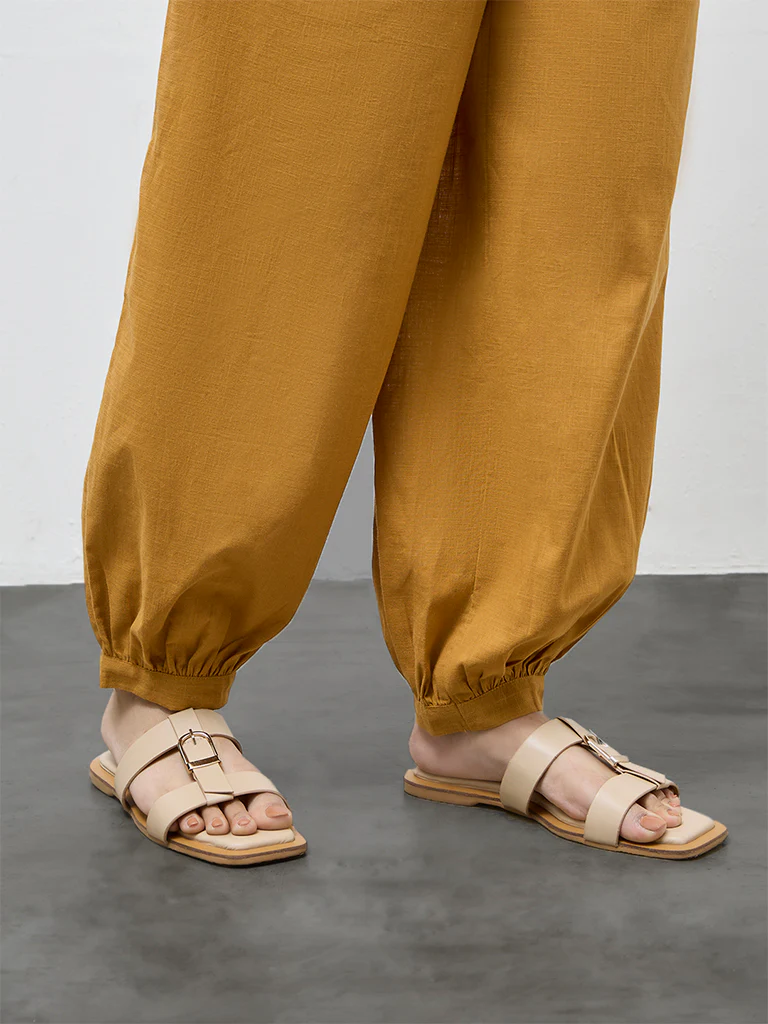 Utsa Mustard Solid Cotton Harem Pants - Image 3
