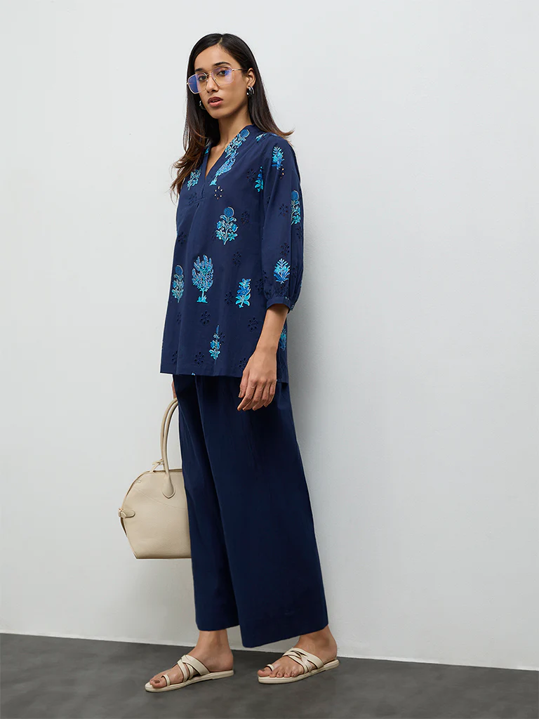 Utsa Navy Floral Printed Cotton Tunic - Image 2