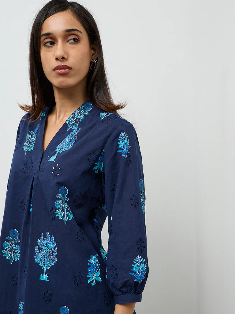 Utsa Navy Floral Printed Cotton Tunic - Image 3