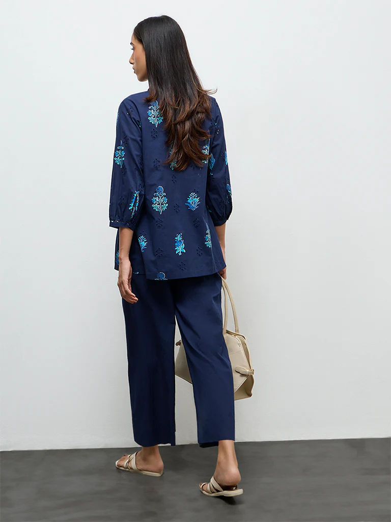 Utsa Navy Floral Printed Cotton Tunic - Image 4