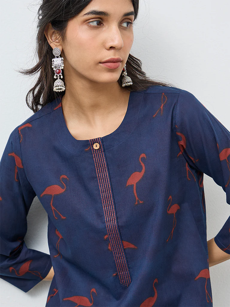 Utsa Navy Printed Cotton Straight Kurta - Image 3