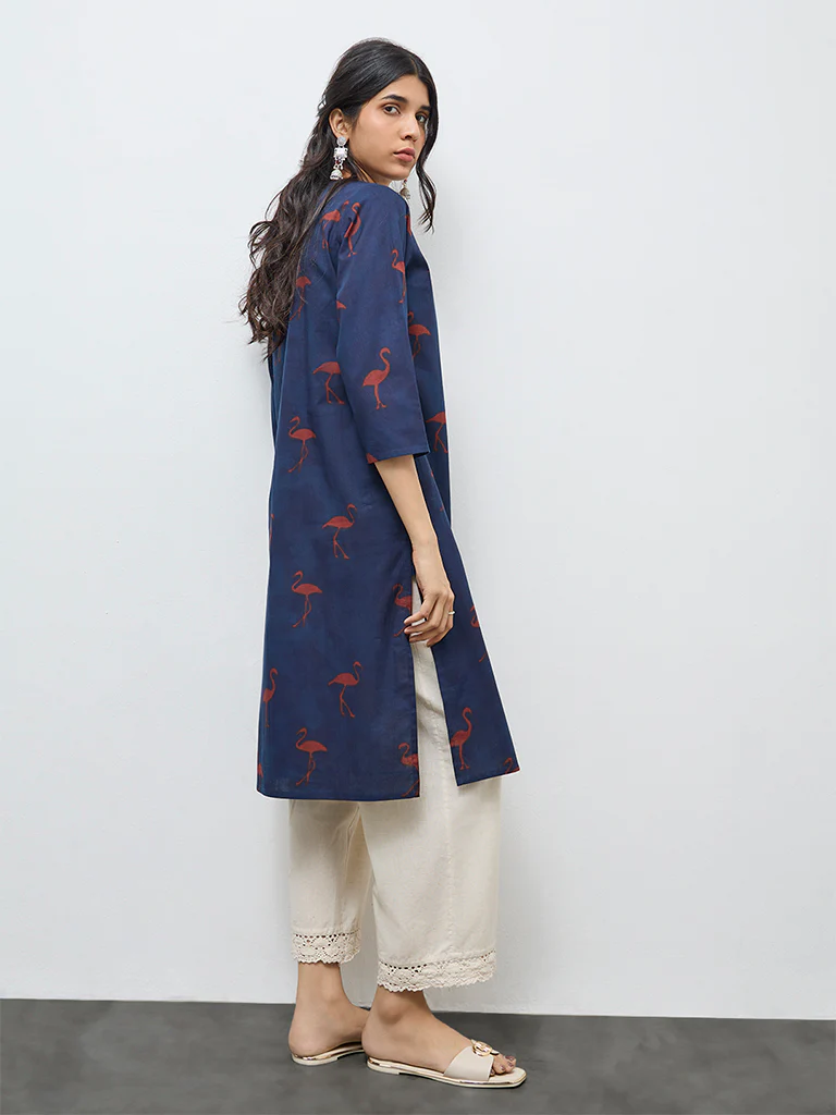 Utsa Navy Printed Cotton Straight Kurta - Image 4