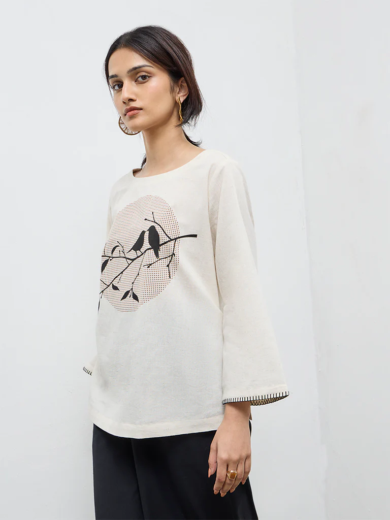 Utsa Off-White Bird Design Cotton-Blend Top - Image 2