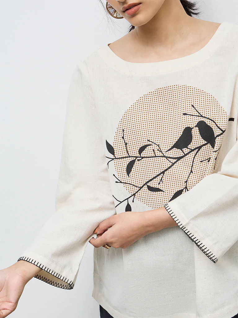 Utsa Off-White Bird Design Cotton-Blend Top - Image 3