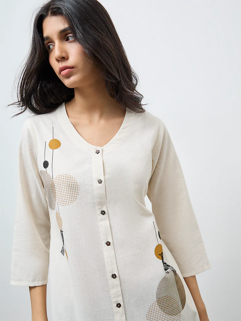 Utsa Off-White Bird Print Cotton-Blend A-Line Kurta - Image 3