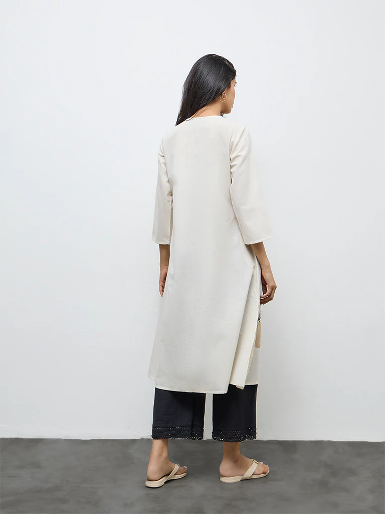Utsa Off-White Bird Print Cotton-Blend A-Line Kurta - Image 4