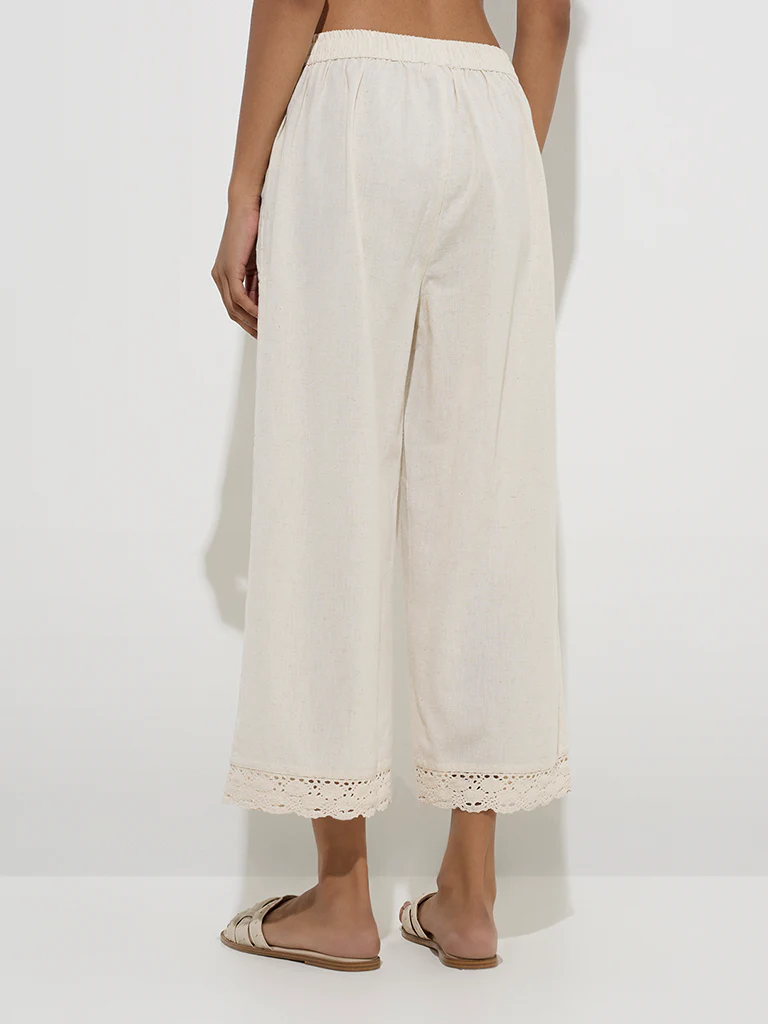 Utsa Off-White Crochet-Detailed Cotton Ethnic Palazzos - Image 4