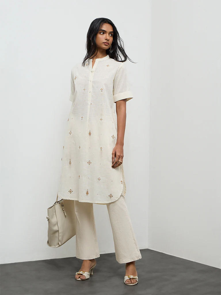 Utsa Off-White Embroidered A-Line Cotton Kurta - Image 2