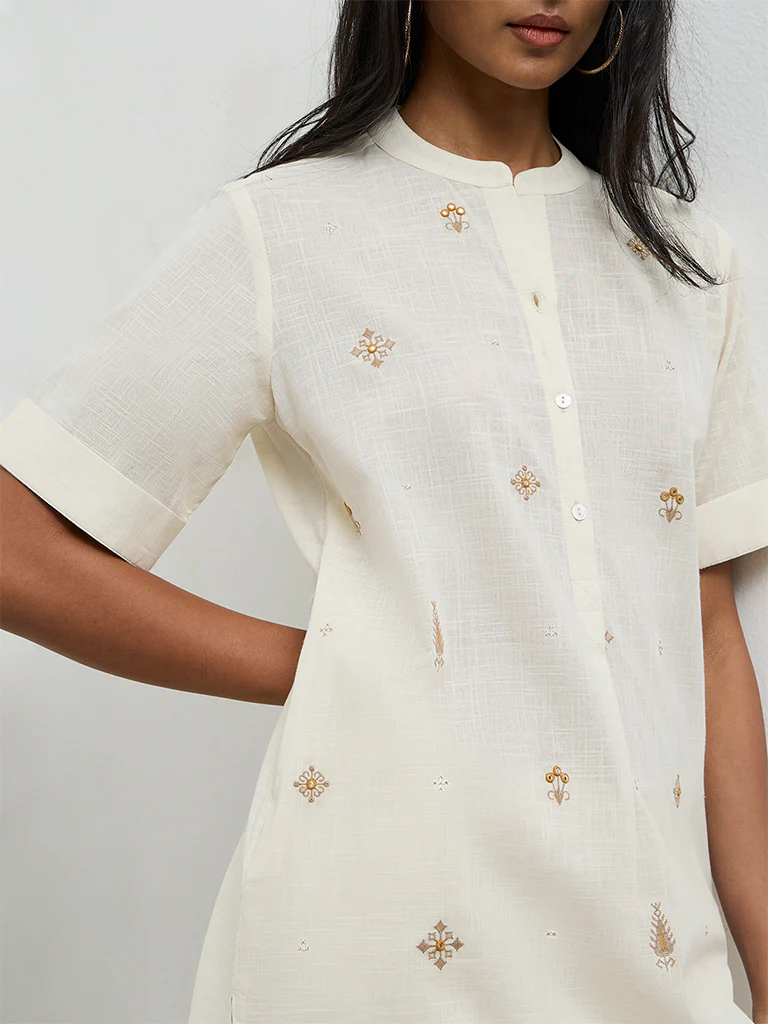 Utsa Off-White Embroidered A-Line Cotton Kurta - Image 3