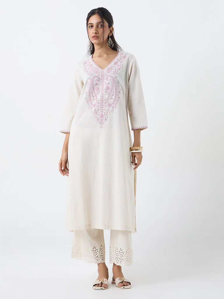 Utsa Off-White Embroidered Cotton-Blend A-Line Kurta