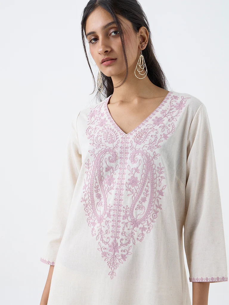 Utsa Off-White Embroidered Cotton-Blend A-Line Kurta - Image 3