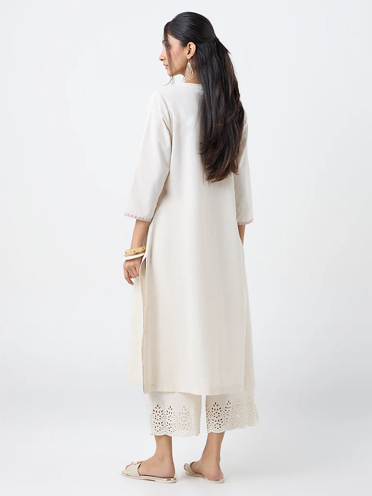 Utsa Off-White Embroidered Cotton-Blend A-Line Kurta - Image 4