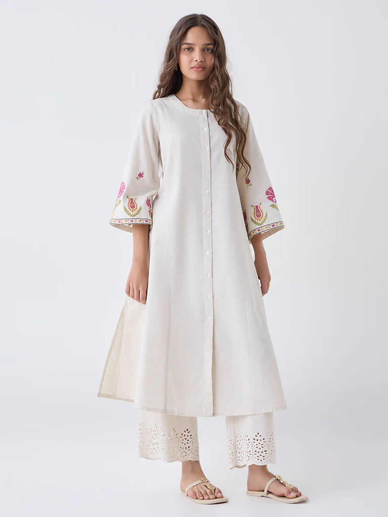 Utsa Off-White Embroidered Cotton-Blend A-Line Kurta - Image 2