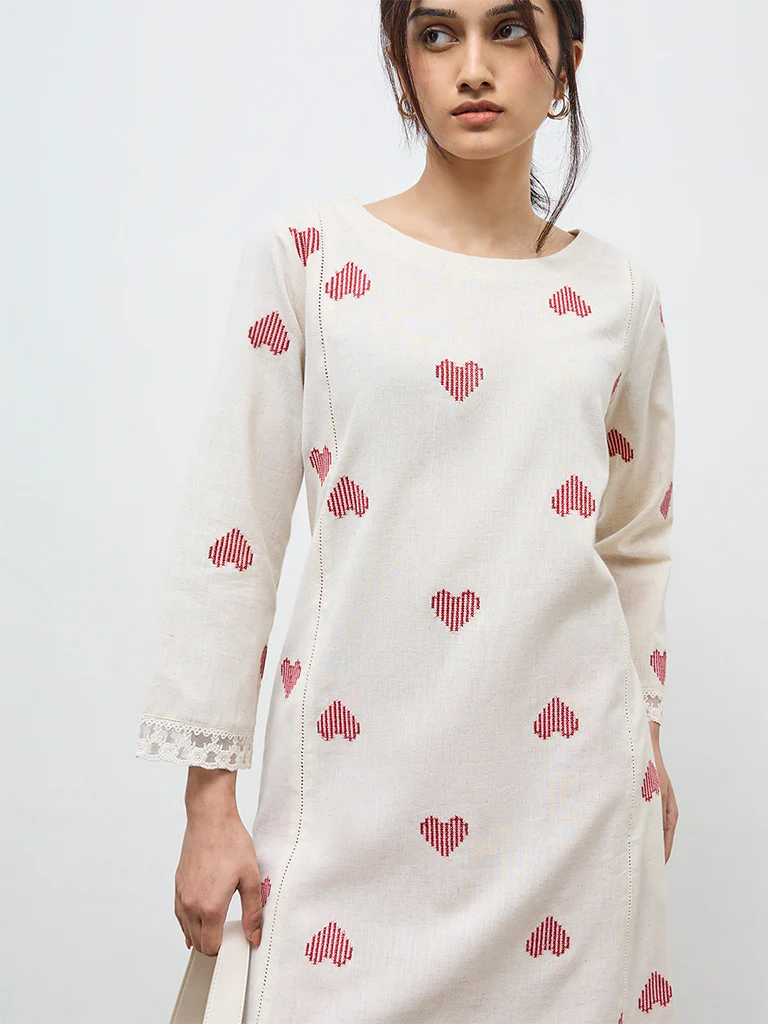 Utsa Off-White Embroidered Cotton-Blend A-Line Kurta - Image 2
