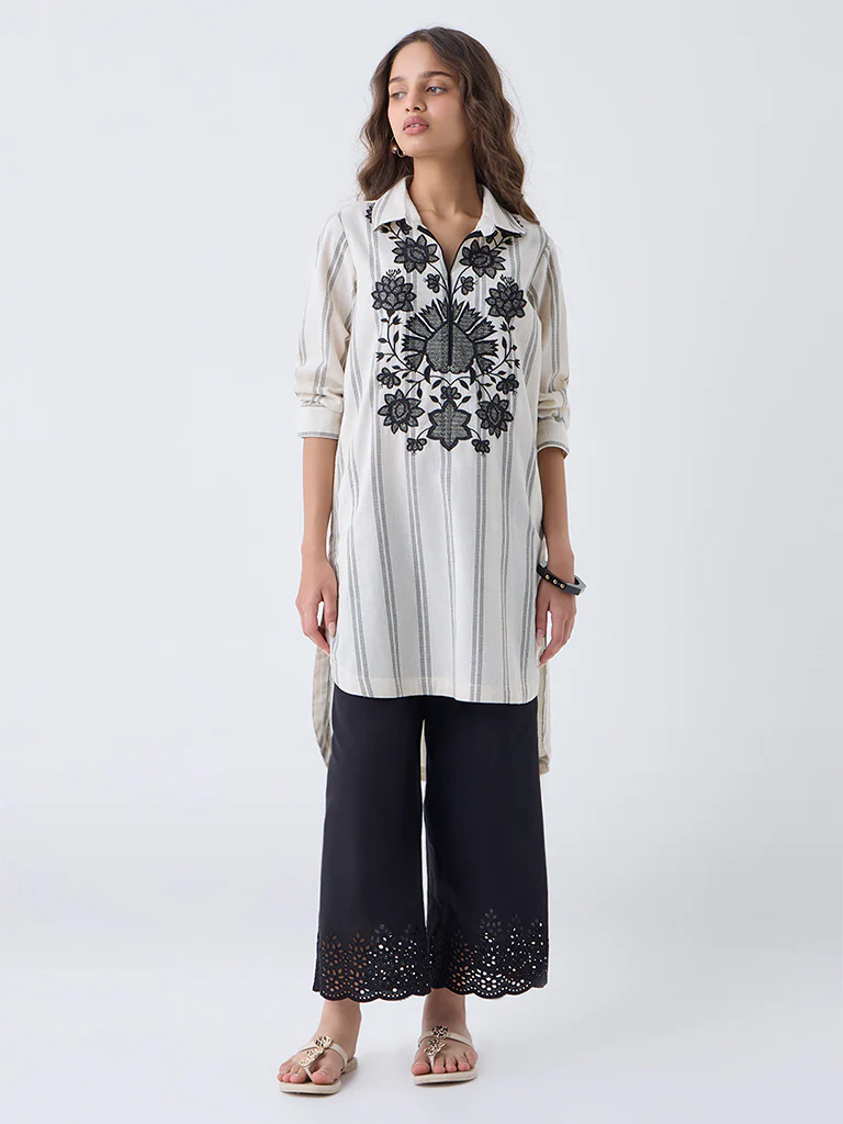 Utsa Off-White Embroidered Cotton-Blend High-Low Kurta - Image 2