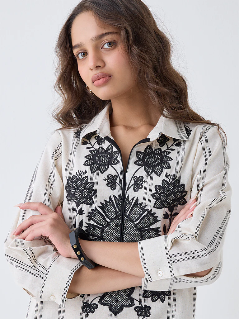 Utsa Off-White Embroidered Cotton-Blend High-Low Kurta - Image 3