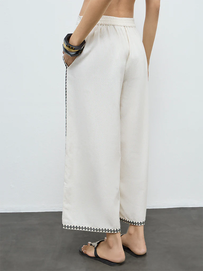 Utsa Off-White Embroidered Cotton-Blend Pants - Image 4