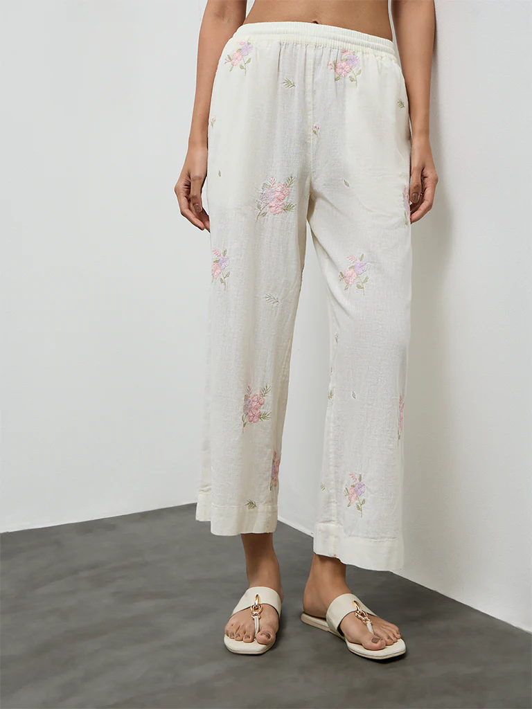 Utsa Off-White Embroidered Cotton-Blend Pants