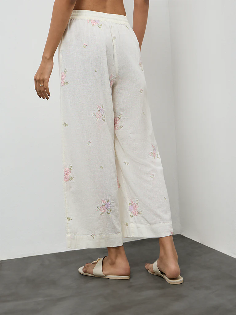 Utsa Off-White Embroidered Cotton-Blend Pants - Image 4