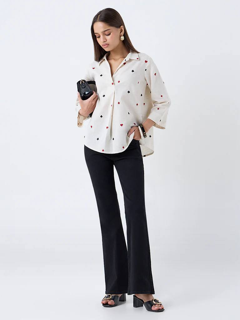 Utsa Off-White Embroidered Cotton-Blend Tunic