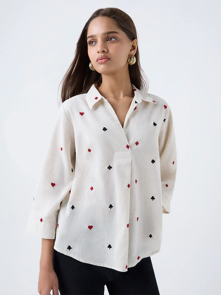 Utsa Off-White Embroidered Cotton-Blend Tunic - Image 2