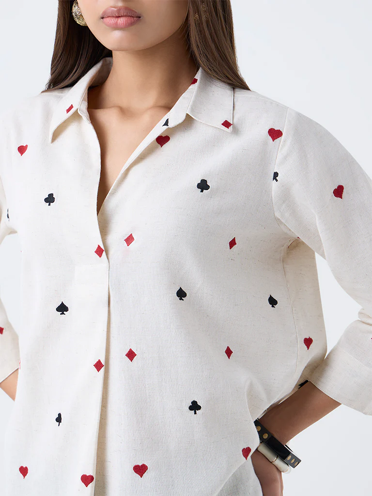 Utsa Off-White Embroidered Cotton-Blend Tunic - Image 3