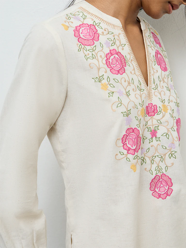 Utsa Off-White Embroidered Cotton Tunic - Image 3