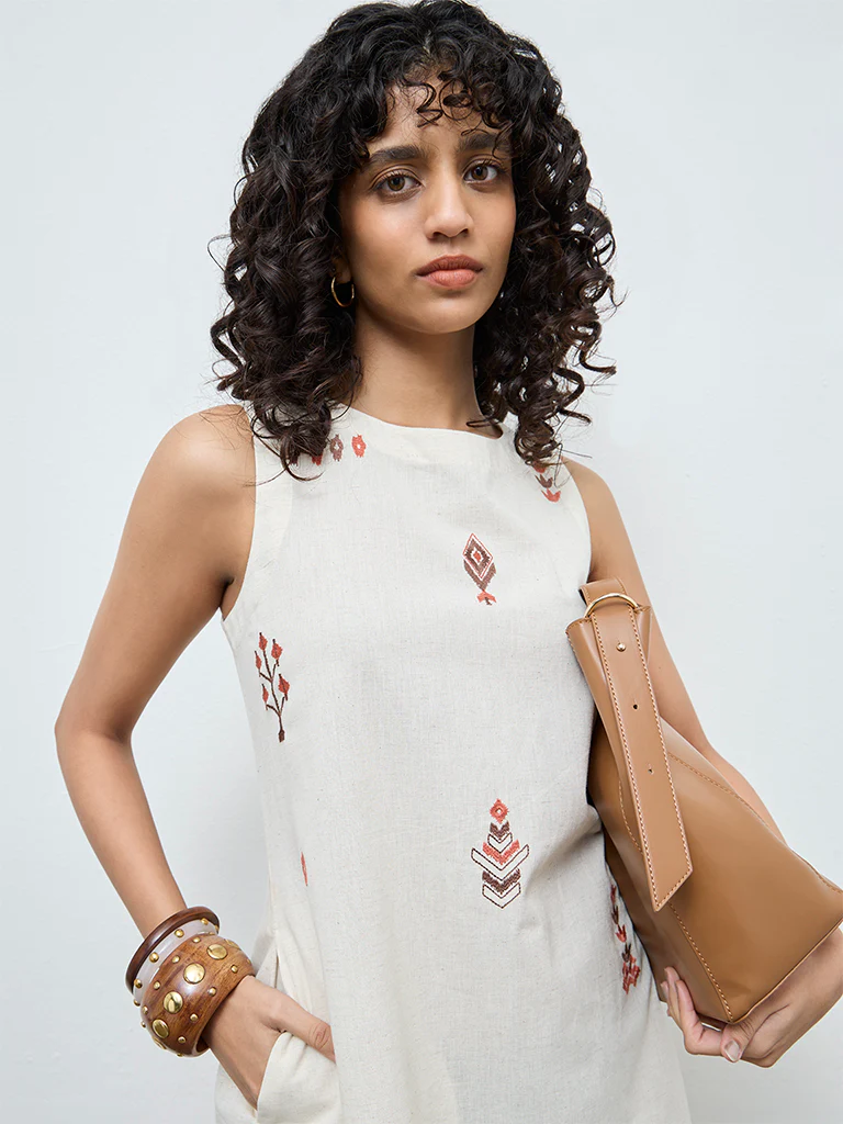 Utsa Off-White Embroidered Straight Cotton-Blend Dress - Image 3