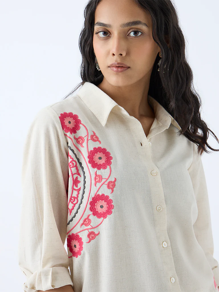 Utsa Off-White Embroidered Straight Cotton-Blend Kurta - Image 3